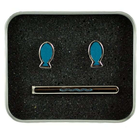 *3 FOR $9* NEW Brent Morgan Neckwear Religious Fish Wave Cufflinks Tie Clip Set - Picture 4 of 5